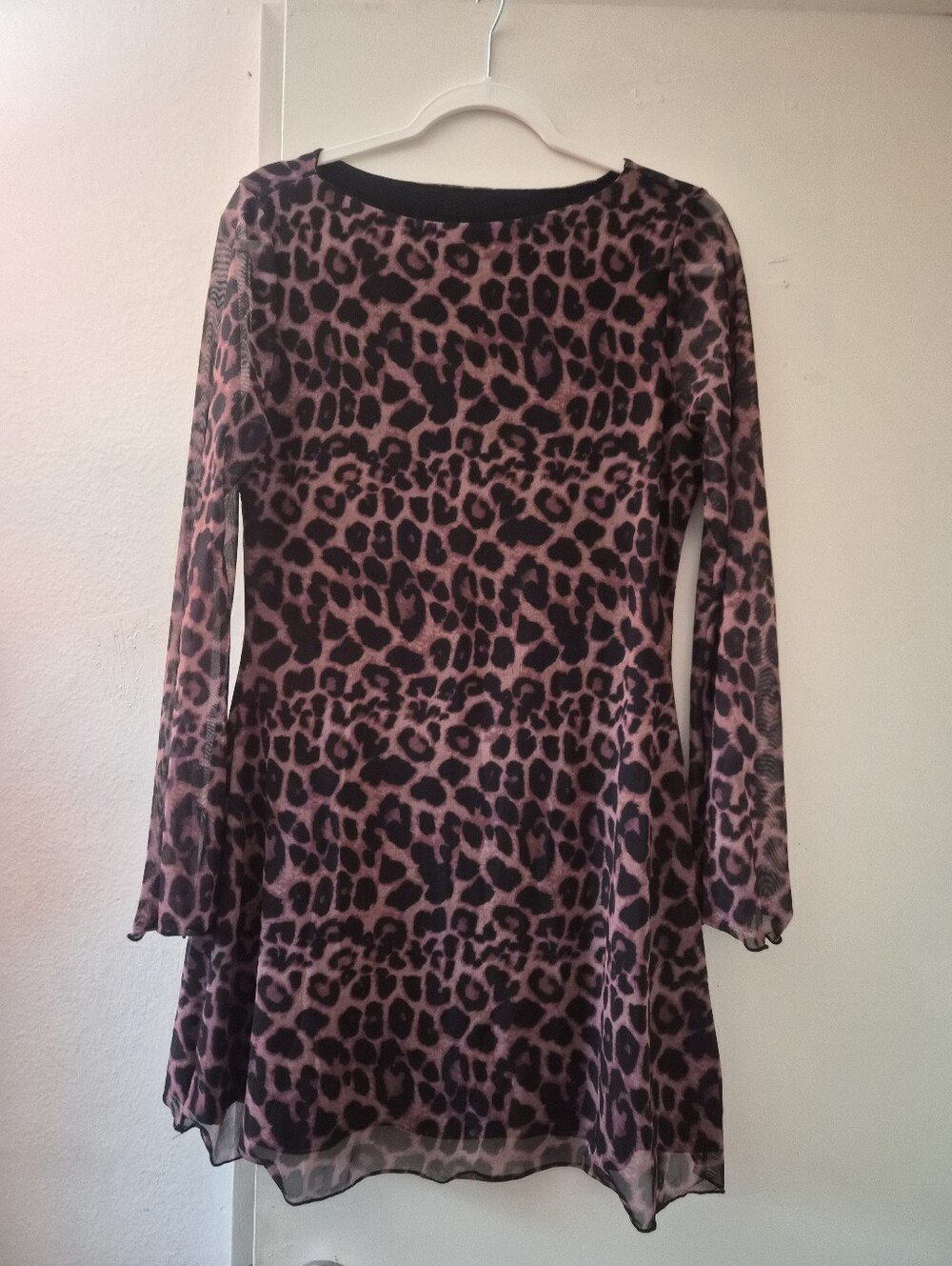 Pink and Black Leopard Print Long Sleeve Dress